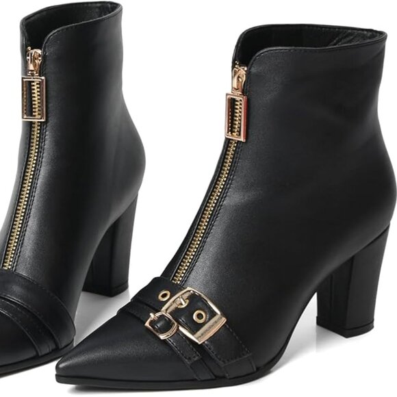 Pointed Toe Kitten Heel Boots-Women Black Booties Rivets Ankle Boot Fashion Shoe - Picture 3 of 5